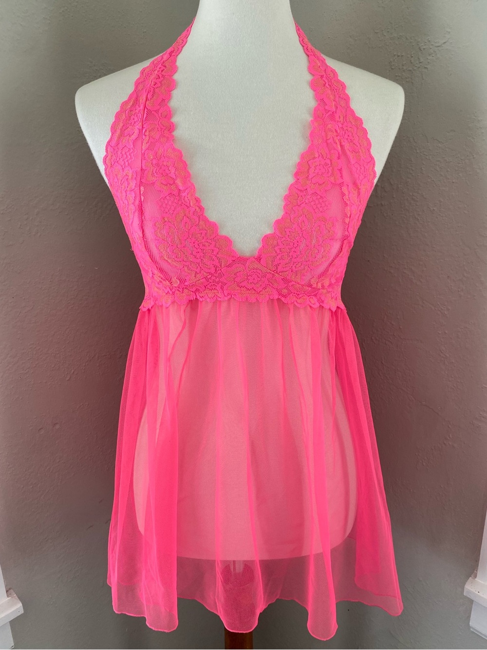 VS Hot Pink Halter Floral Lace Mesh Babydoll Lingerie Dress Barbie Fairy Sexy M